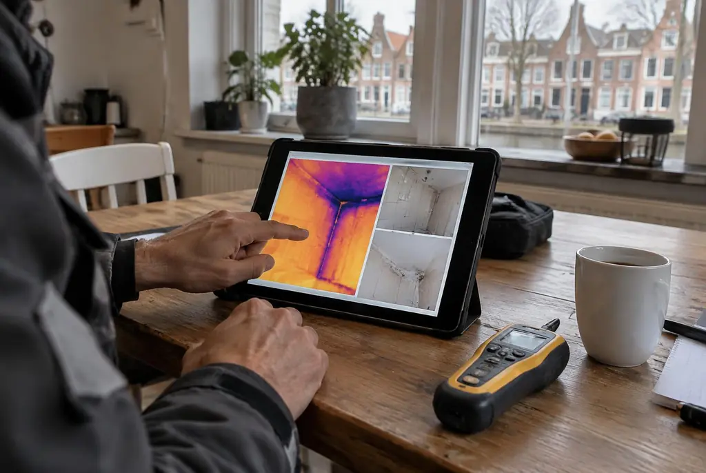 Lekdetectie Culemborg – lekdetectierapport met warmtebeelden en foto's op een tablet