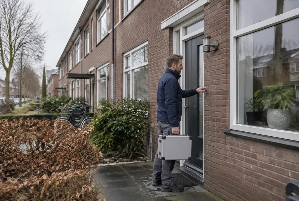 Lekdetectiespecialist met meetkoffer bij de voordeur van een woning in Culemborg